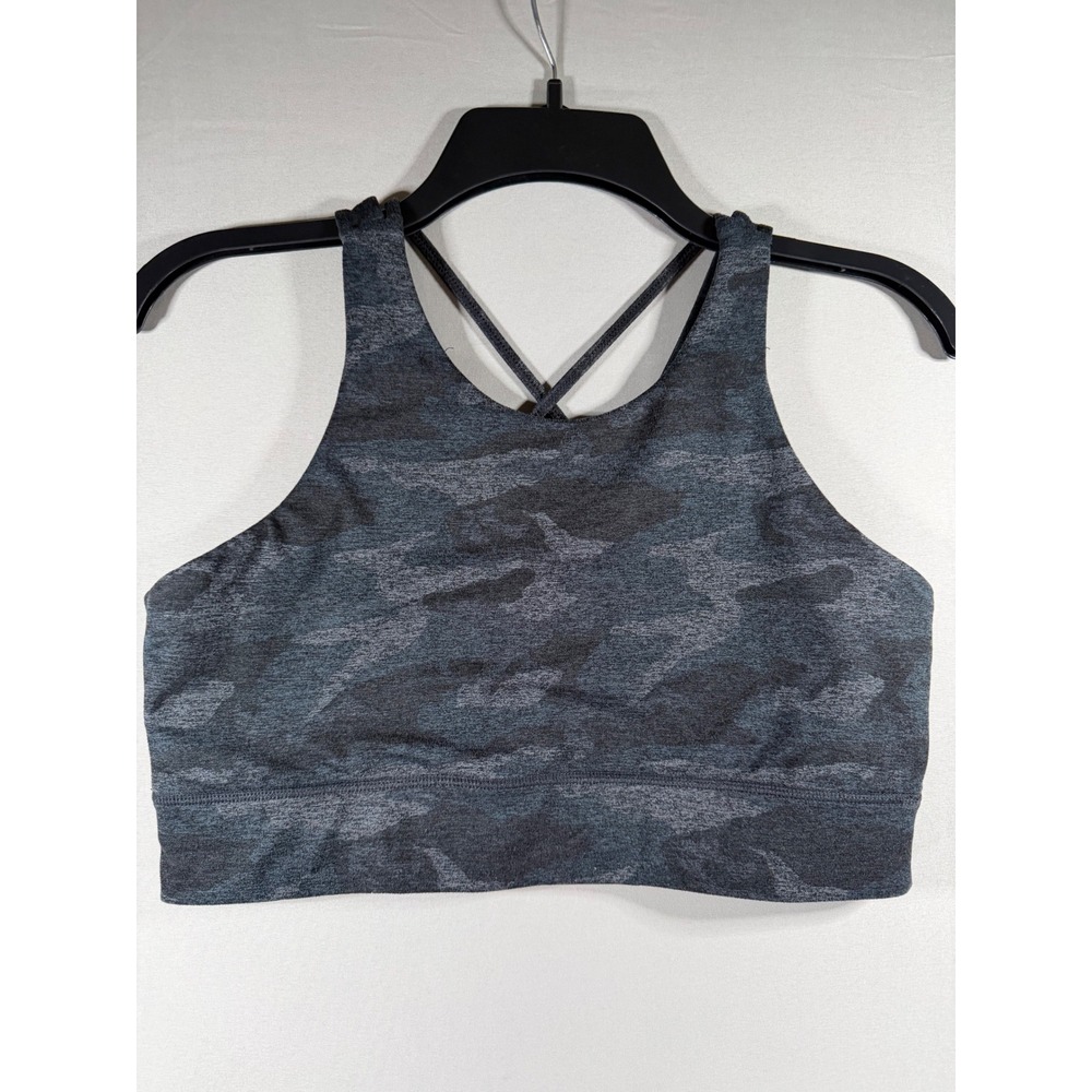 Vuori Womens High Neck Cross Back Sports Bra Gray Camo Athletic Top
